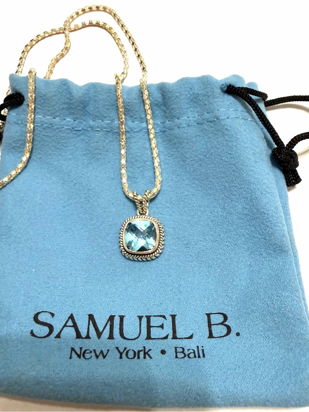 Samuel B Sterling Silver Cushion Cut Blue Topaz Pendant Necklace